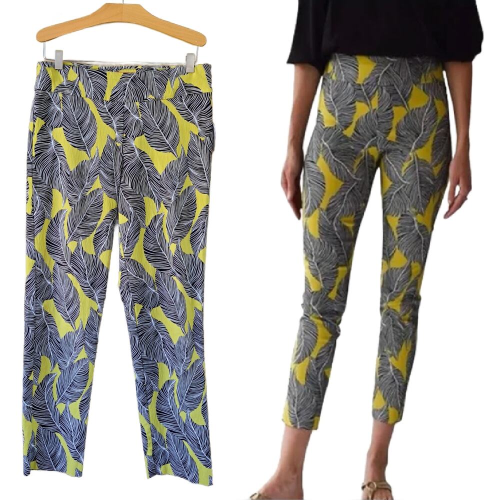 KRAZY LARRY Palm Leaf Print Slim Ankle Pant Size 8 Black Charteruse